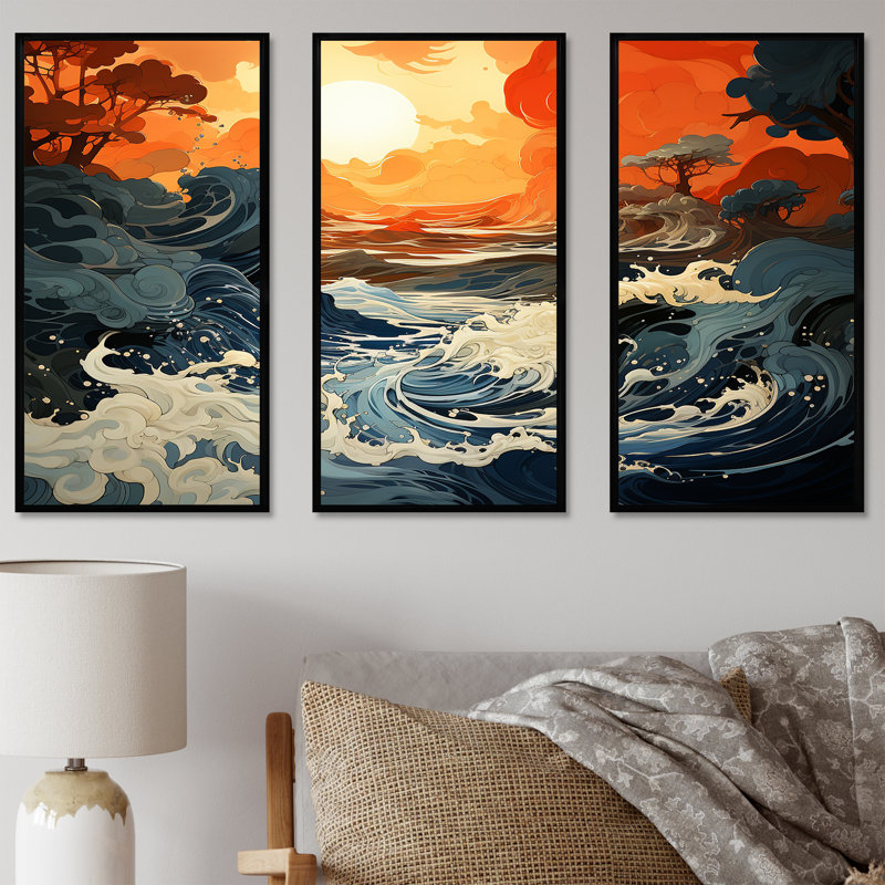 «Yellow Sunset Waves - Coastal Sunset», art mural, H 28 po x l 36 po x P 1 po, Cadre flottant noir
