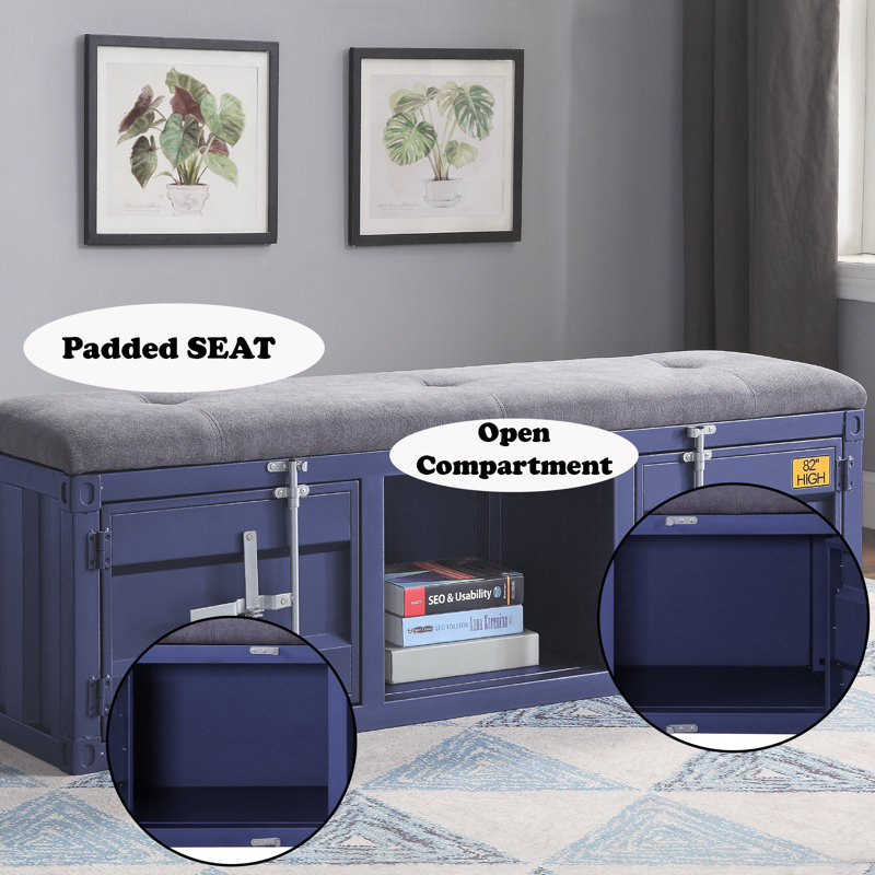 Blue Metal Storage Bench with Gray Fabric Seat