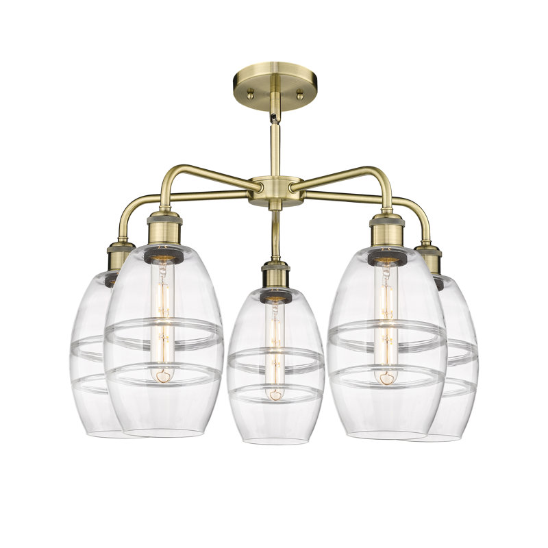Lustre rond / ovale à abat-jour 5 lumières, H 13,63 po x l 23,88 po x P 23,88 po, Transparent, Laiton antique