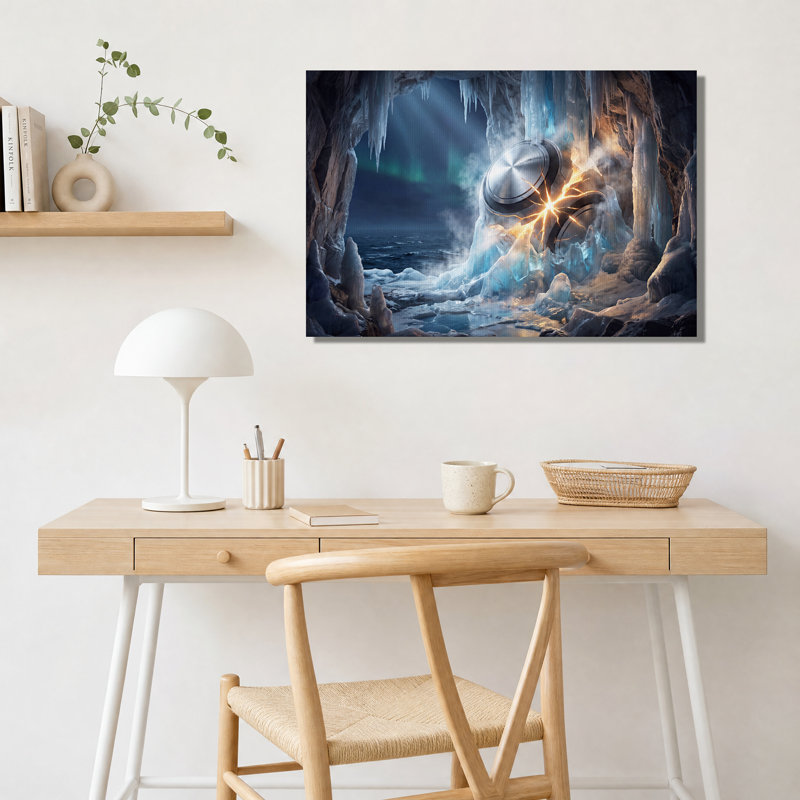 Sphère futuriste dans une grotte de glace avec aurores boréales - Toile murale, 24"H x 36"W