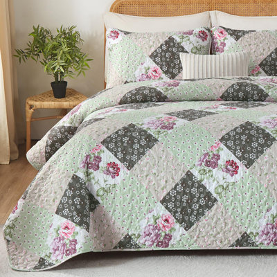 3 Pieces Reversible Floral Plaid Patchwork Quilt Set Soft Microfiber Lightweight Bedspread Coverlet All Season