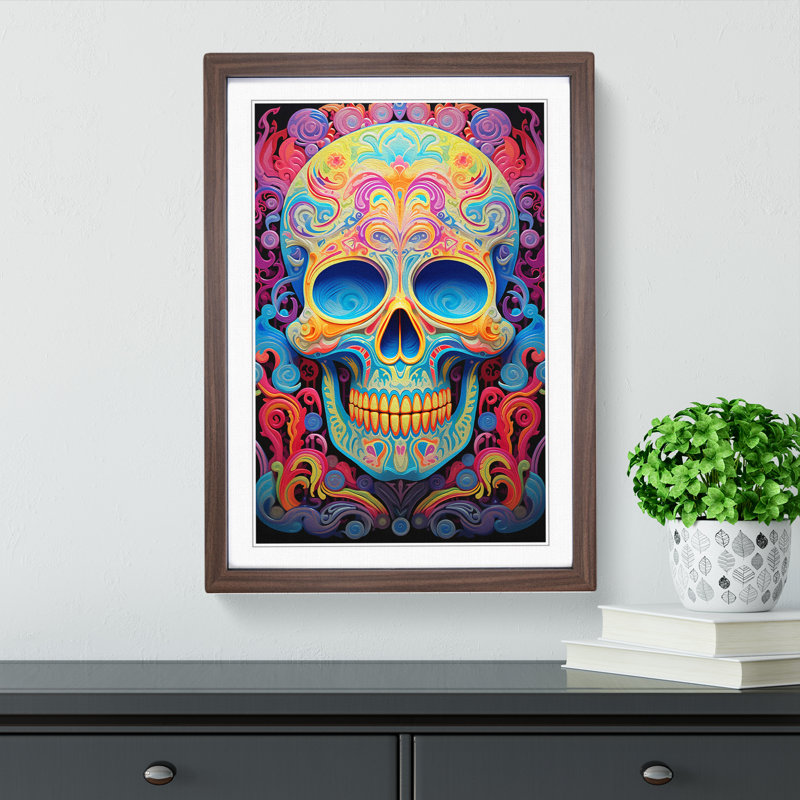 Sugar Skull Colour Field - Framed Print, 34" H x 25" W x 2" D, Walnut