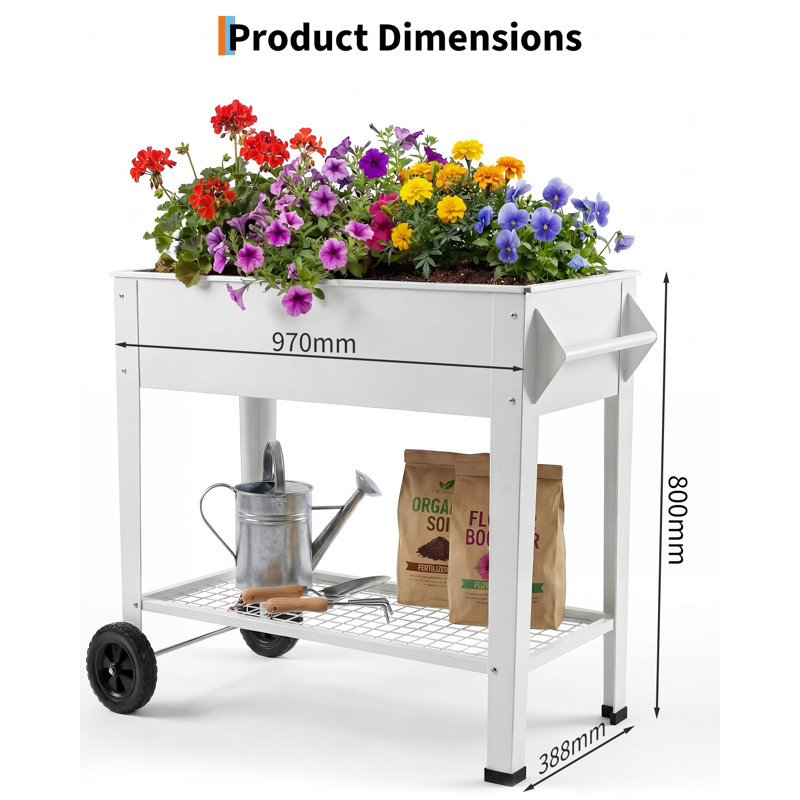Lit de jardin surélevé 39 pouces avec roulettes, jardinière surélevée en métal avec tablette de rangement, capacité de 400 lb