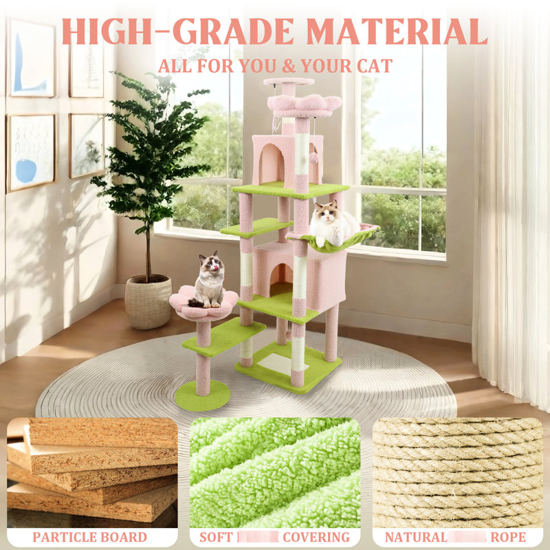 Arbre à chat de 71 pouces avec large et 7 poteaux renforcés, créant un environnement amusant pour les grands chats, grand coussin amovible, conçu pour s'étirer, dormir, jouer