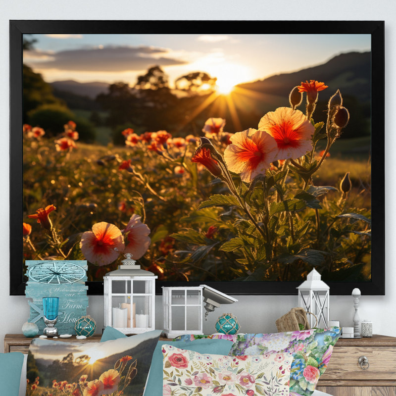 Hibiscus champ avec coucher de soleil I - décoration murale florale, H 30 po x l 40 po x P 1,5 po, Cadre photo noir
