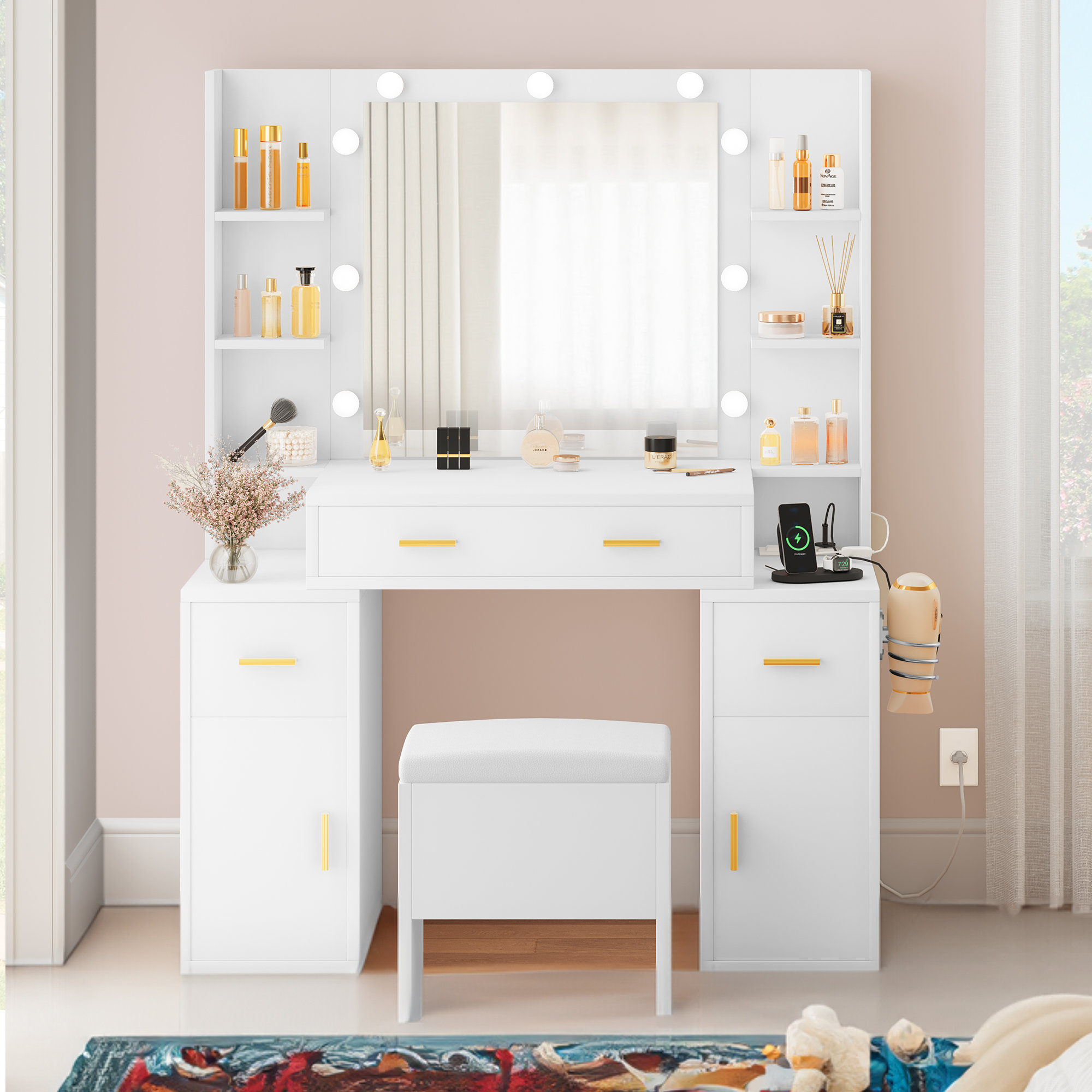 47 Large Vanity Desk with LED Lighted Mirror & Power Outlet & 7 Drawers,  Makeup Vanity Table Set with Storage Stool and Hair Dryer Rack, White 