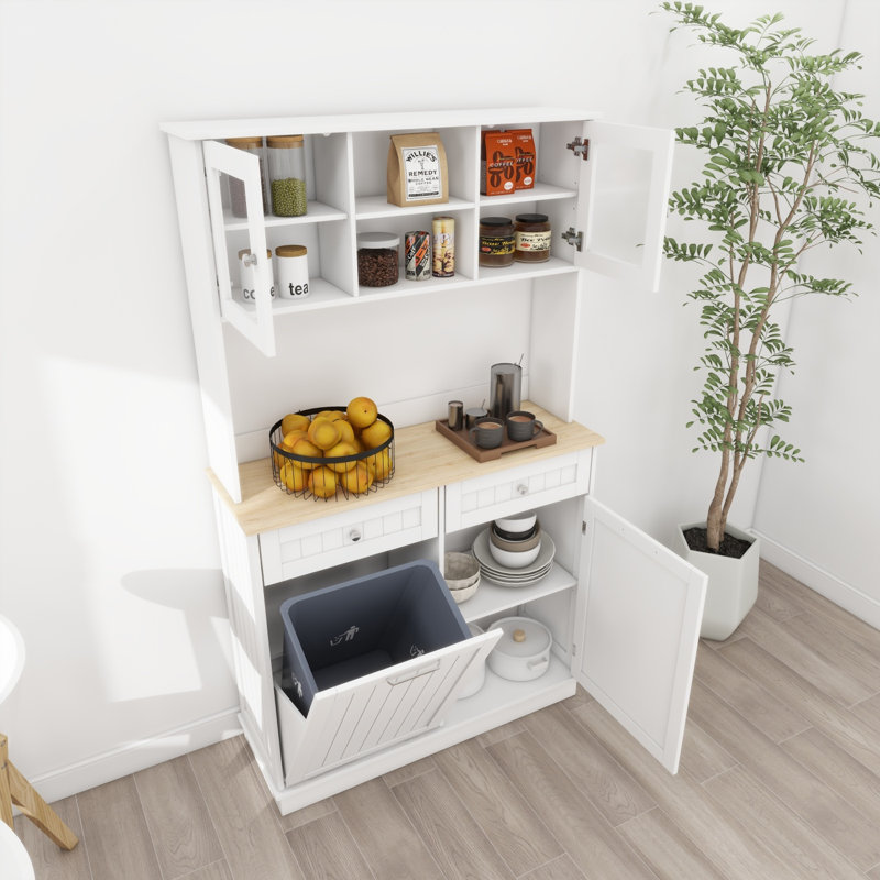 67.7" Tall Kitchen Trash Can Storage Cabinet With 3 Adjustable Shelves, 2 Drawers And 1 Tilt Out Trash Cabinet For Kitchen, Dinning Room, Living Room-White