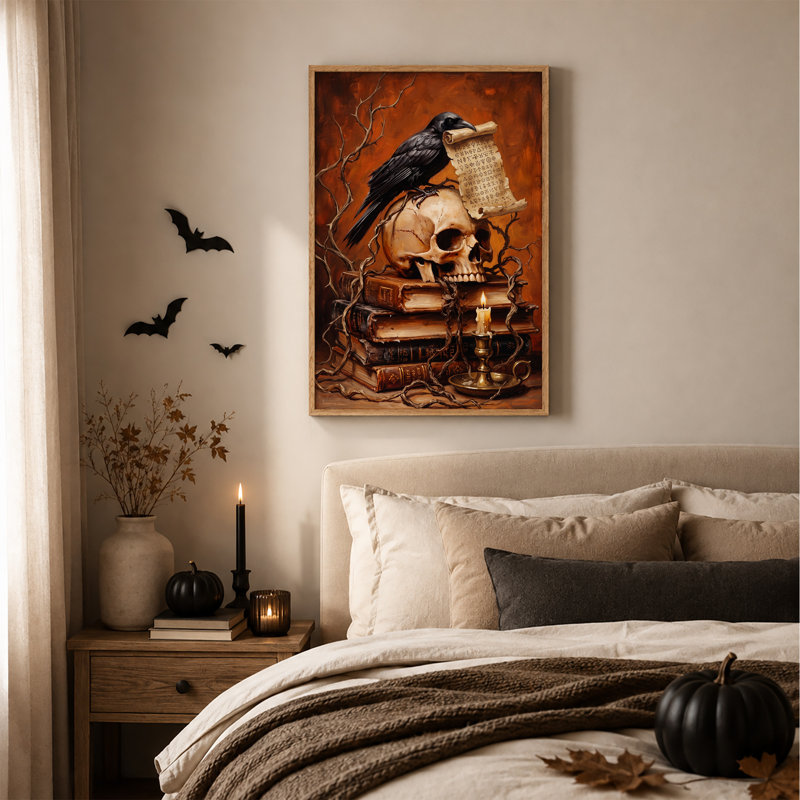 Toile sombre sur fond de crâne perché sur un vieux crâne d'Halloween, H 48 po x l 32 po
