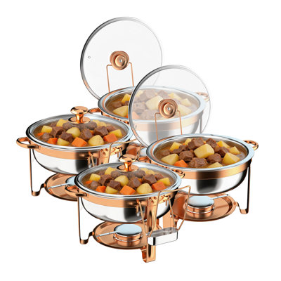 5 QT 4Pcs  Rose Gold Round Stainless Steel Chafing Dishes With Glass Lid