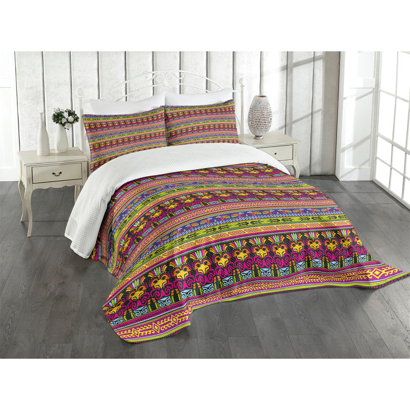 Ambesonne Prehistoric Bedspread Set Aztec Birds Borders Multicolor, King Bedspread + 2 Standard Shams