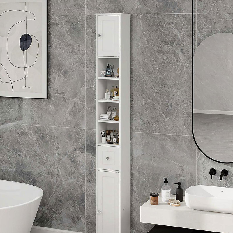 Grande armoire de rangement pour salle de bain mince, armoire de salle de bain autoportante 71 po avec 1 tiroir, 2 portes et 4 tablettes réglables