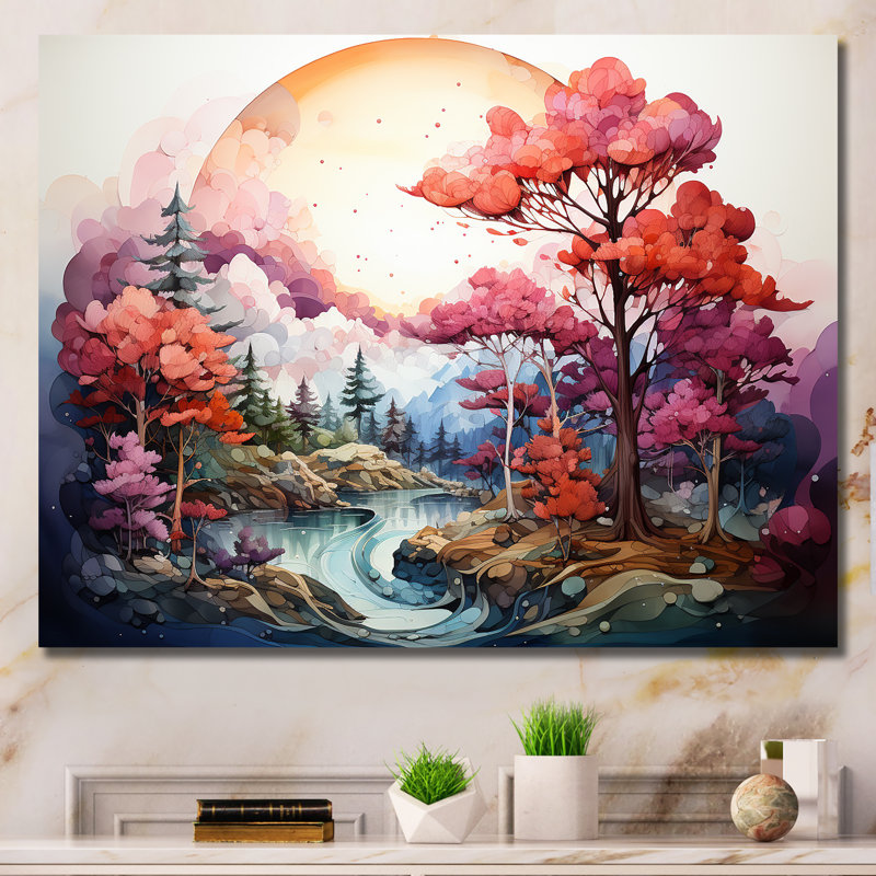 Corail, encre liquide, arc-en-ciel, forêt, paysage, Gold Picture Framed, 34" H x 44" W