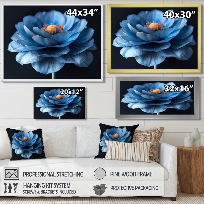 Bleu, orange, souci délicat, photo I - souci, art mural, salon, Cadre doré flottant, bois massif, H 30 po x l 40 po