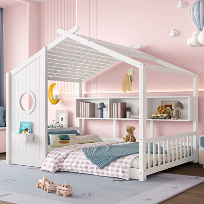 Lit double pleine grandeur pour enfant, lit Montessori pour enfants avec tablette de rangement