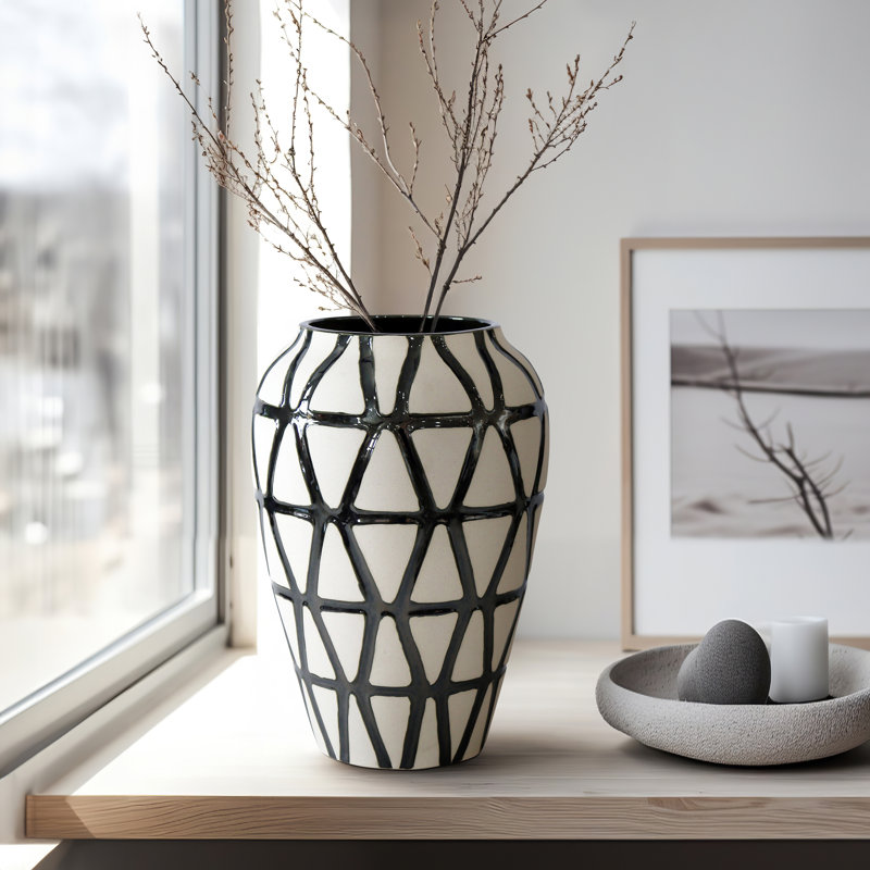 Pottery Floor Vase with Pattern Accent for Home Decor - Sculptural Tall Flower Vase for Living Room and Corner Styling - Ivory & Black