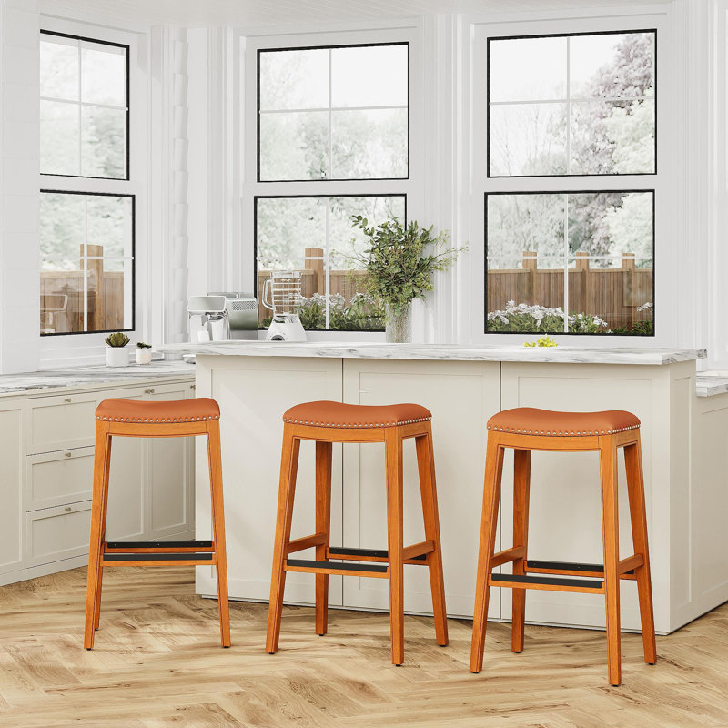 Tabouret 30 ", finition naturelle, siège en cuir, Siège brun / cadre naturel
