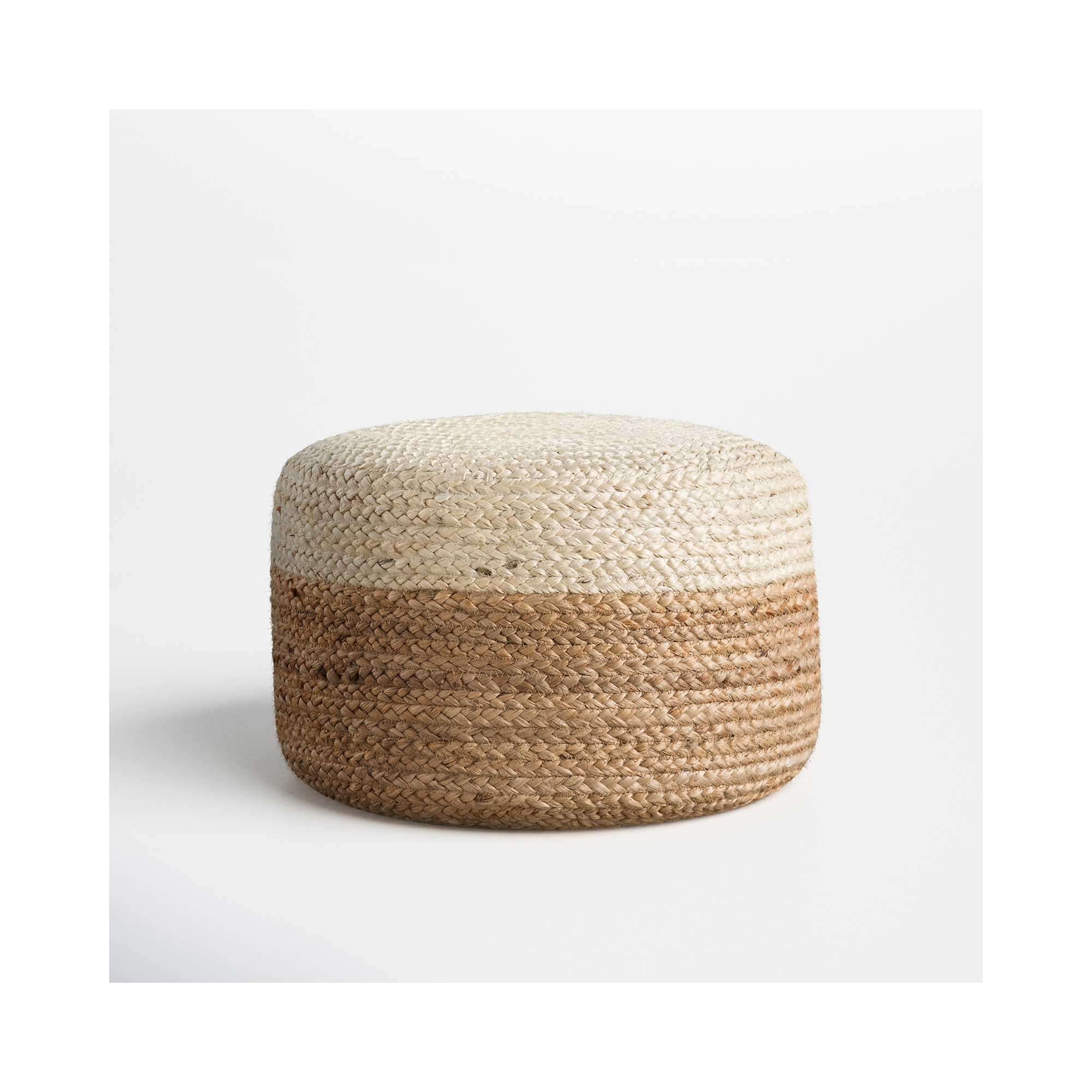 Teele 18" Wide Round Pouf Ottoman, White/Beige