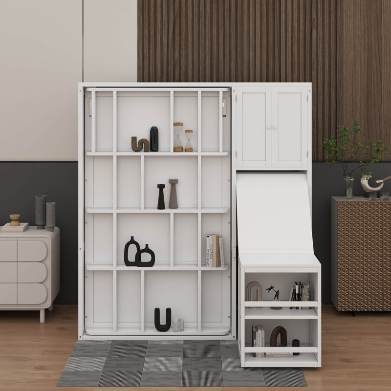 Lit escamotable mural simple avec bibliothèque, armoire supérieure, bureau extensible et rangement latéral, Blanc