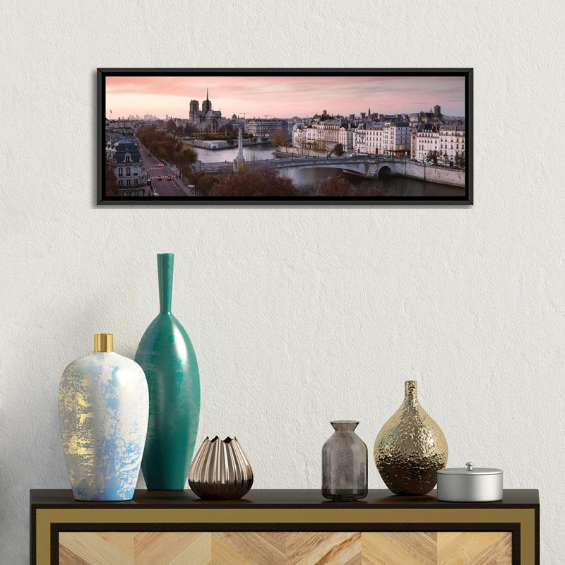 « panoramique crépuscule over the river senne, paris » par matteo colombo, impression sur toile tendue, Toile avec cadre noir