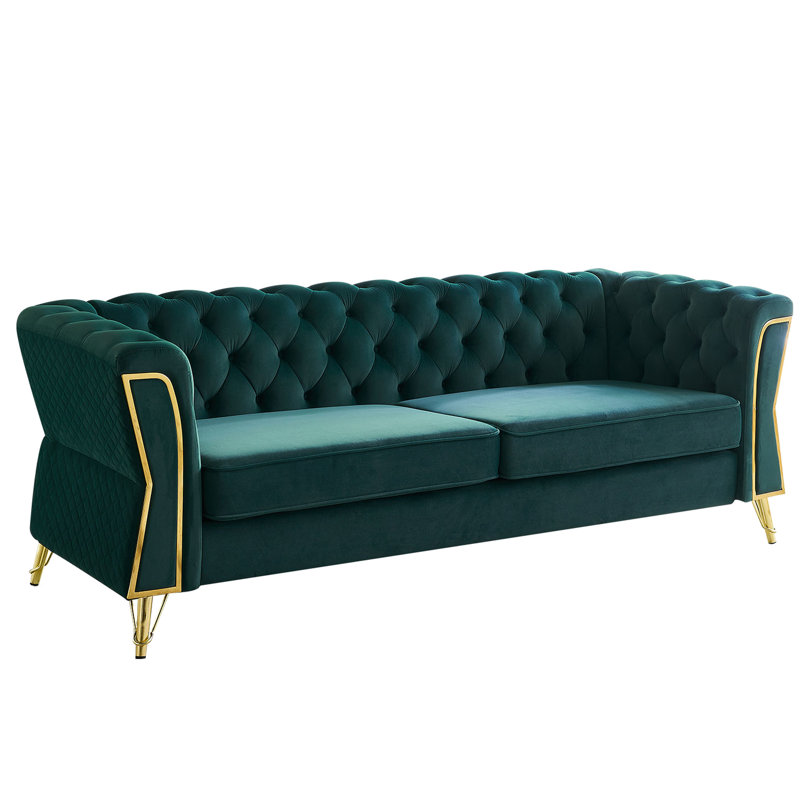 Velours de salon avec motif, structure en bois massif de 87,4 pouces, mousse haute, accoudoirs évasés et motif de couture à losanges, Invention