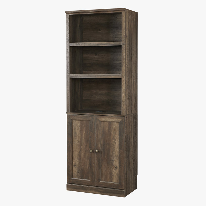 Bibliothèque 1 porte avec port USB et 3 tablettes ouvertes avec étagères, brun rustique