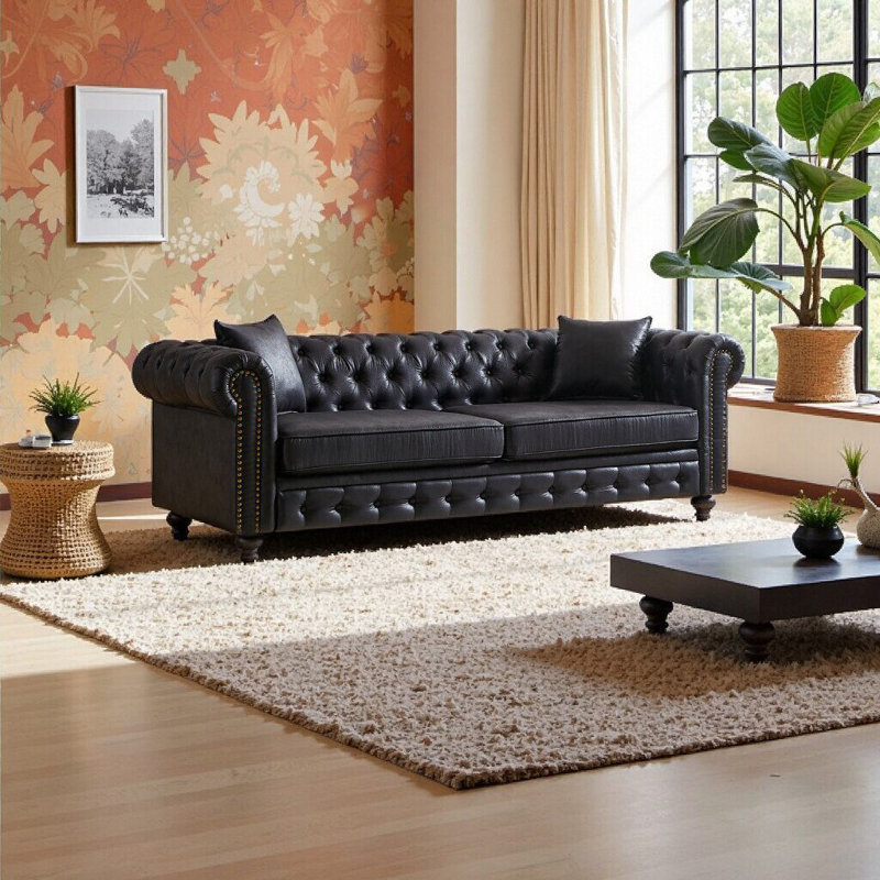 Elegant 85.5" Tech Fabric Chesterfield Sofa - 3-Seater with Rolled Arms & Button Tufting, Perfect for Living Room, Black
