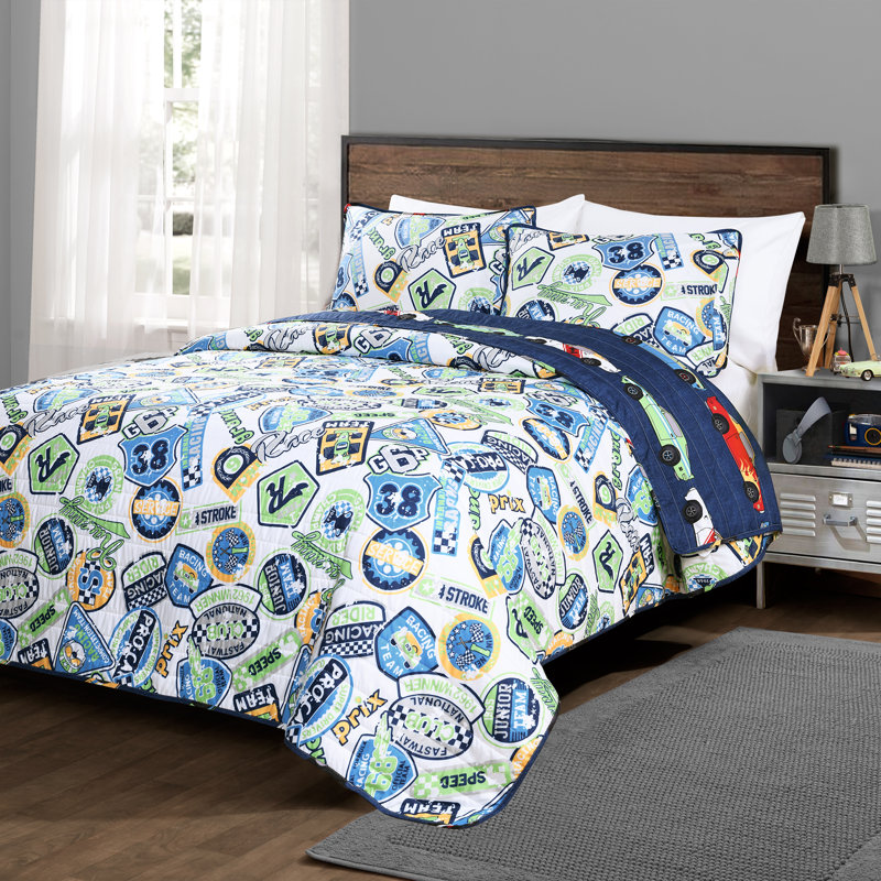 Ensemble de courtepointe réversible Race Cars, Bleu marine, Courtepointe double / grand et 2 taies décorative