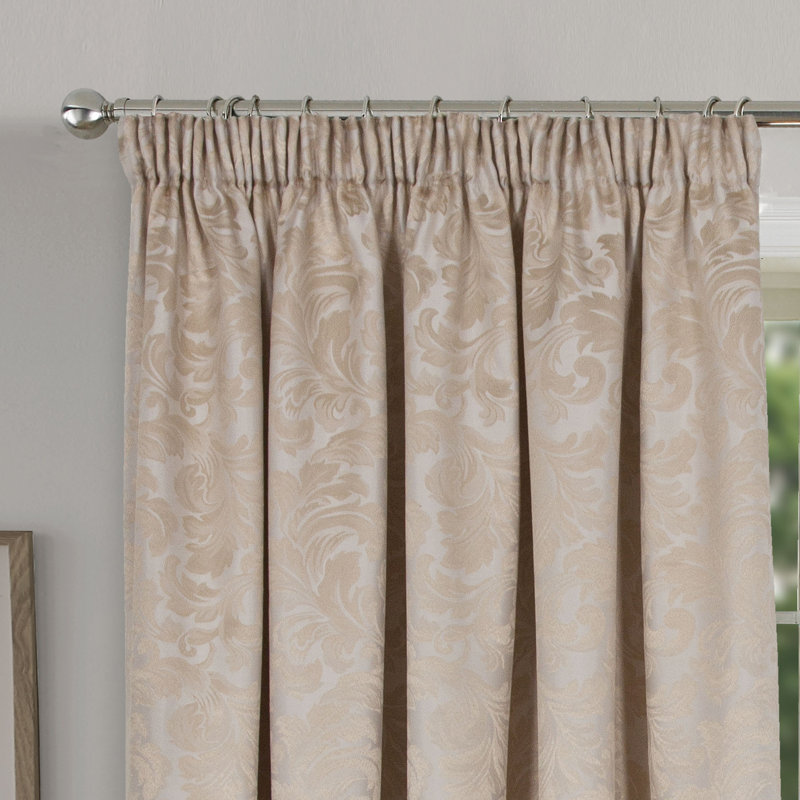 Hallas Pencil Pleat Damask Jacquard Curtains, Natural, 165 W x 229 D cm