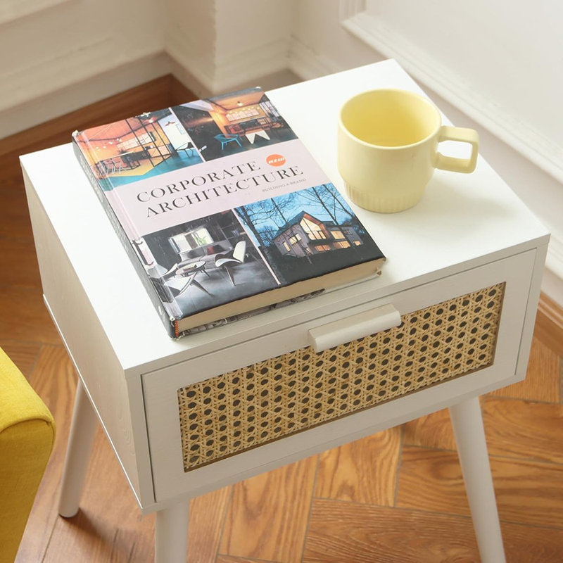 Rattan Nightstand, Modern Bedside Table With Rattan..., White