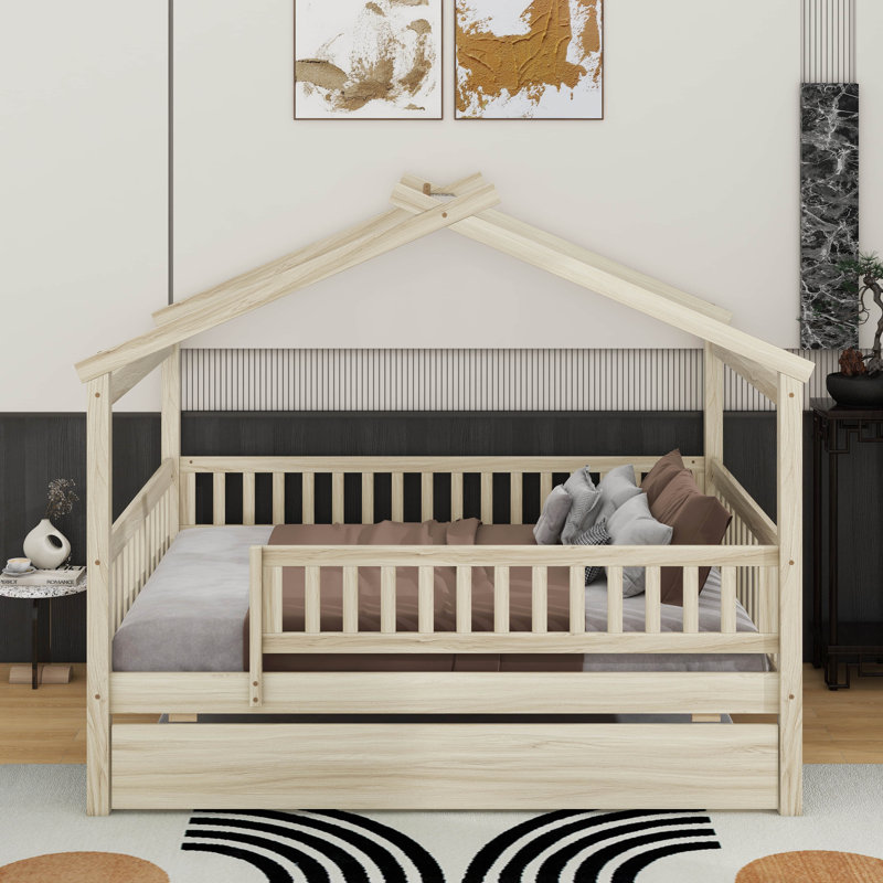 Full size wooden house bed with trundle, Naturel