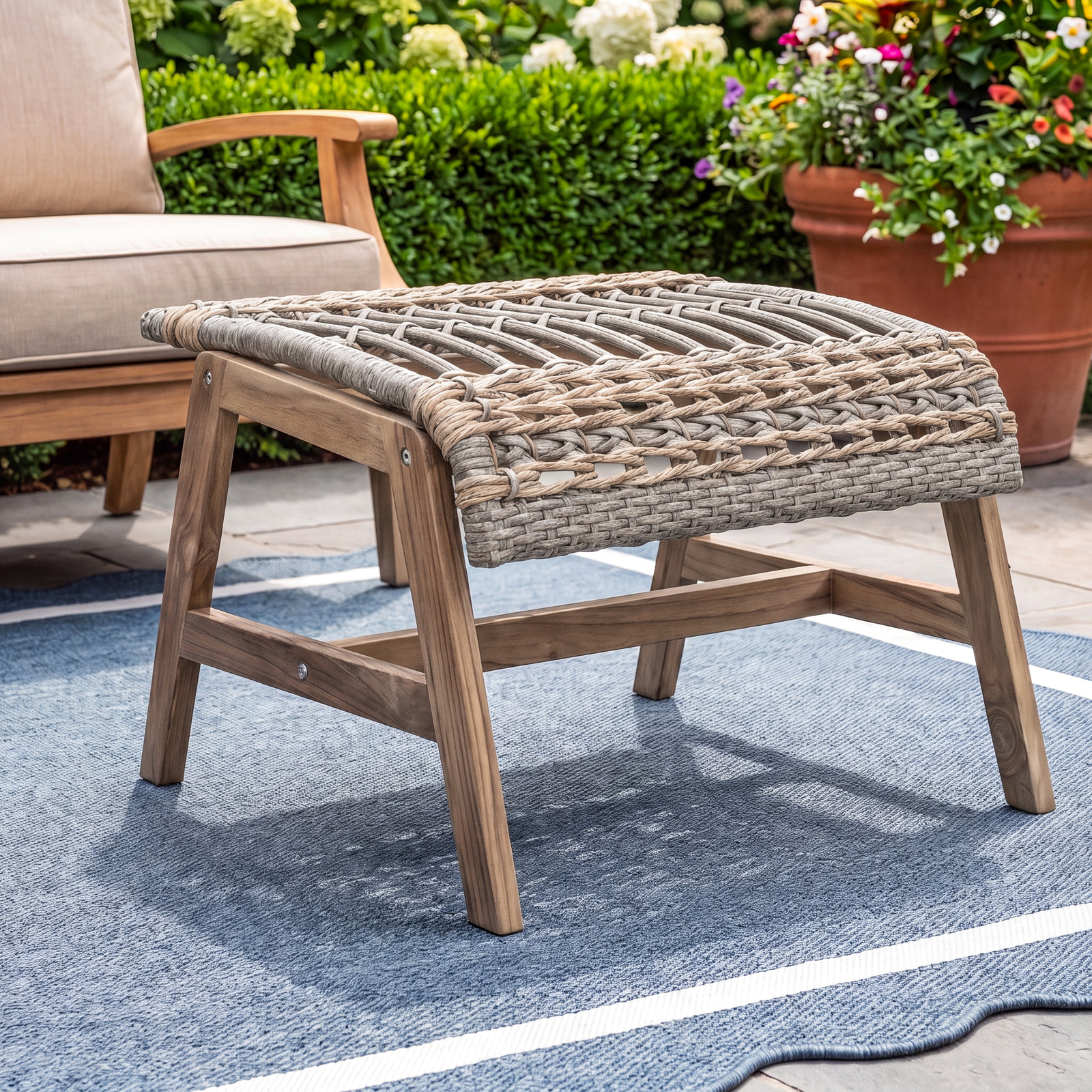 Anyston Teak Patio Footstool, Natural Wicker