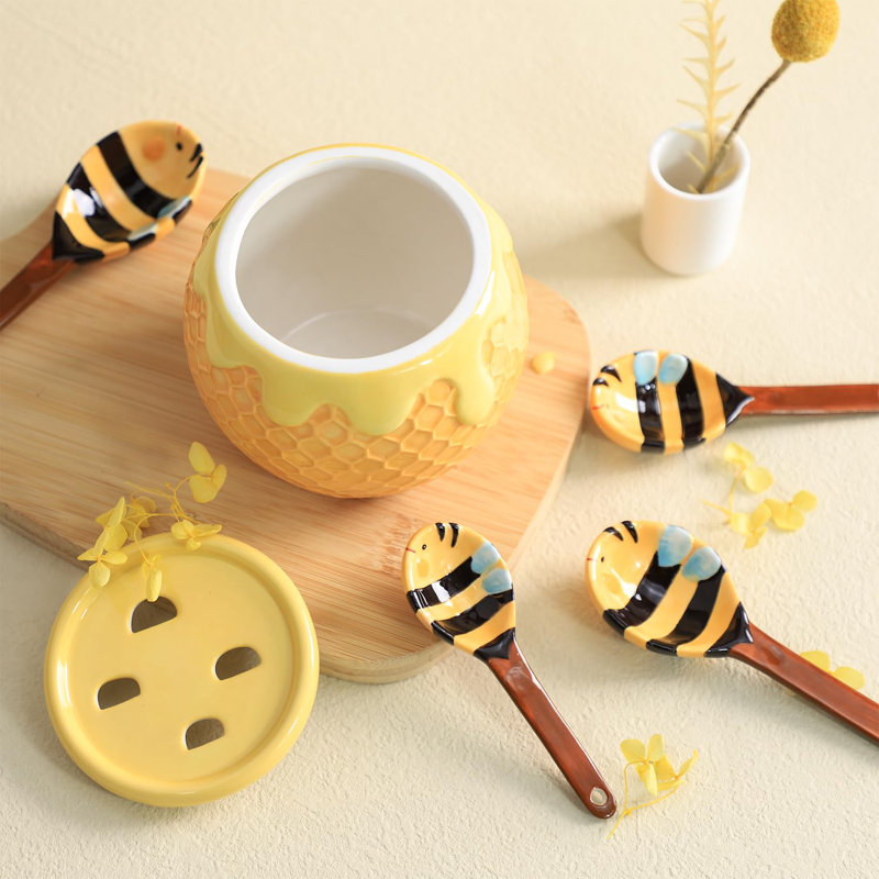 Ceramic Bee And Honeycomb Measuring Spoons Set For Dry Or Liquid With Measuring Cup Set, 4 PCS Kitchen Measuring Baking Spoons Cooking Measuring Spoons