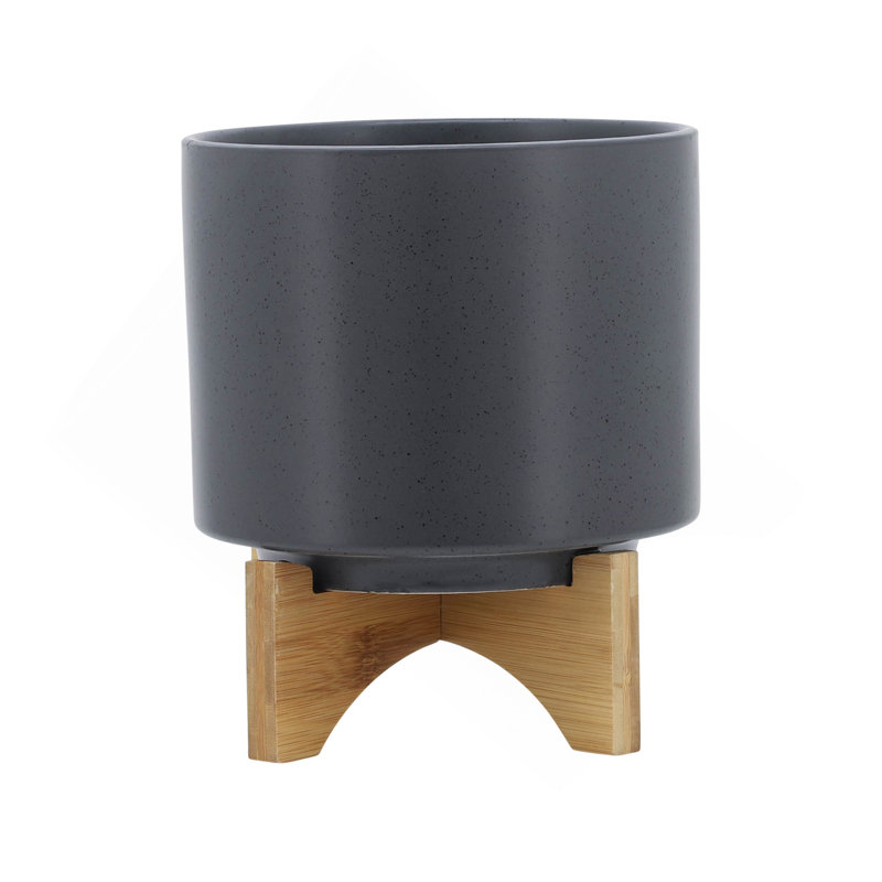 8" PLANTER W/ WOOD STAND, MATTE GRAY