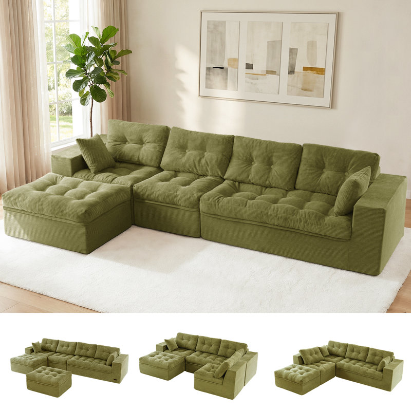 Boneless Corduroy Cloud Modular Couch,4-in-1 Flexible Combination Sectional Sofa, Green, 22" H x 130" W x 37.75" D