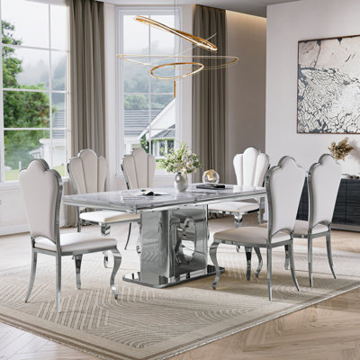 70.08"Faux Marble Pedestal Dining Set