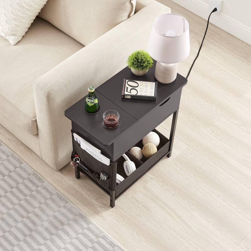 Winston Porter End Table With Power Outlet, Small Side Table With USB Ports & Fast Charging, Flip Top Nightstand With 2 Cup Holders & Fabric Drawer, Fabric Bag For Small Spaces,Living Room,Bedroom