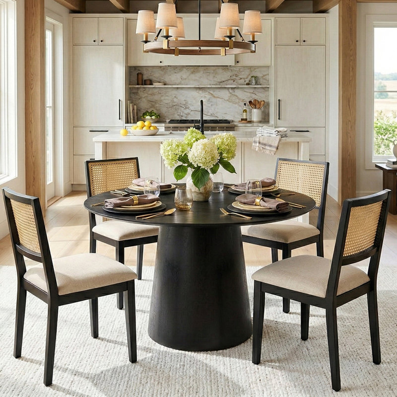 5-Piece Wood Dining Table Set For 4, Black/Beige