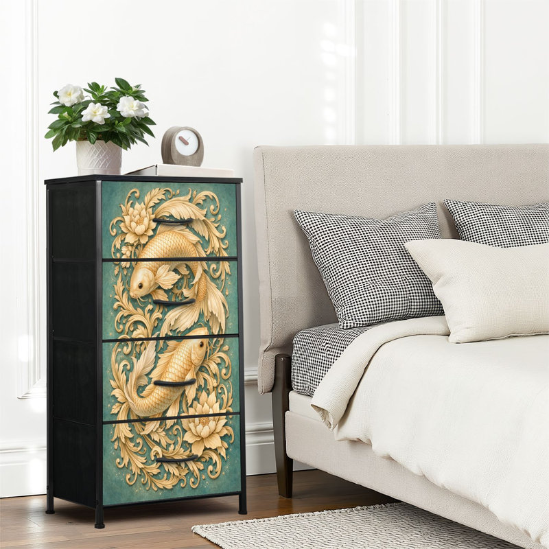 Commode 4 tiroirs pour chambre à coucher, commode étroite, plateau en bois et structure en fer de travail 18 po x 37,5 po (lxH) - avec élégantes fleurs de lotus Koi