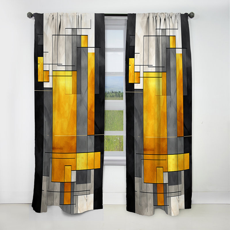 Geometric Curtain Panel, Yellow Grey Pattern Blackout Decor - Yellow And Grey Geometric Fusion II, 52" W x 90" L
