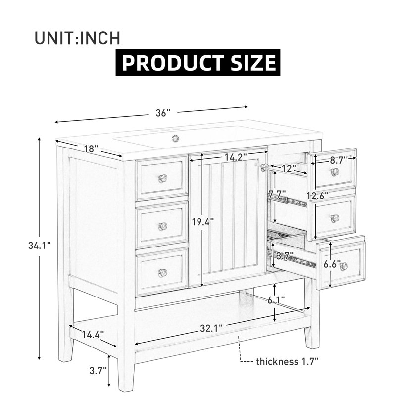 Meuble-lavabo 36 po Modern Farmhouse - Structure en bois massif et en panneau de fibres à densité moyenne, 3 tiroirs et 2 portes à fermeture en douceur, tablette réglable et lavabo en céramique