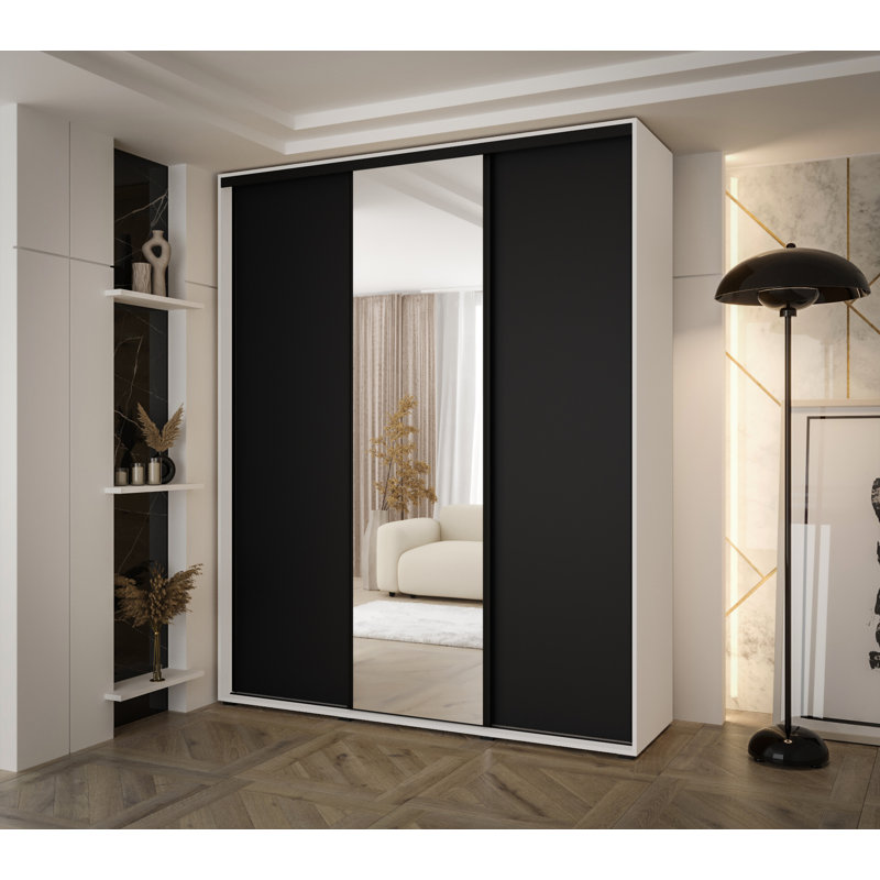 3 Door Manufactured Wood Wardrobe, Black/White, 235.2cm H x 200cm W x 60cm D