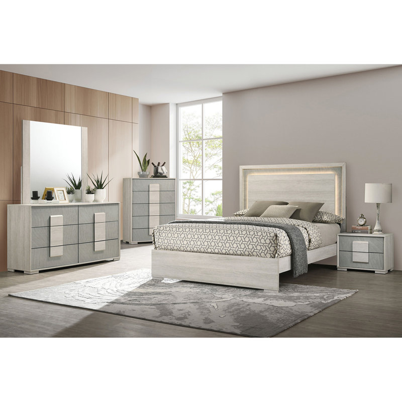 Commode à tiroirs en queue d'aronde de style contemporain 1 pièce deux tons avec glissières en métal et panneaux en bois blanc et gris pierre