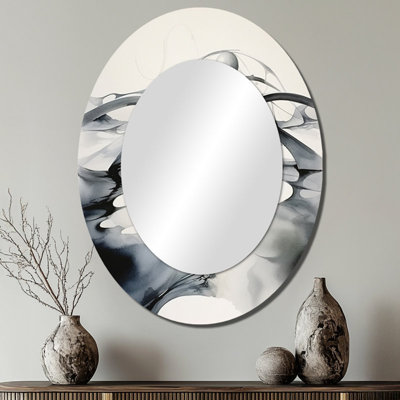 Abstrait abstrait neutre - Miroir décoratif abstrait ovale sur métal, 40 po x 30 po