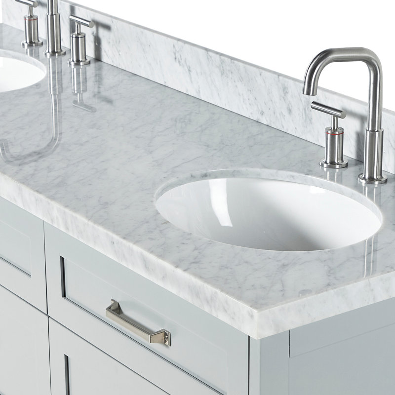 ARIEL Monroe 72 Double Sink Bathroom Vanity with Carrara Quartz Top, Gray, 60" - 61", Italian Carrara Marble