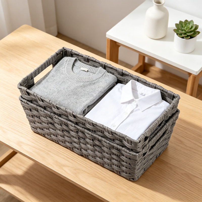 Plastic Wicker Storage Baskets for Bathroom Toilet Tank, Woven Organizer Baskets for Countertop, Shelves, and Kitchen, 2-Pack