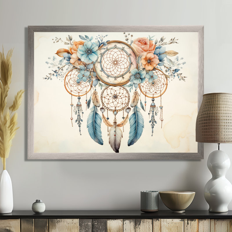 Teal Dreamcatcher Vintage Whispers - impressions sur toile, H 30 po x l 40 po x P 1,5 po, Cadre flottant doré