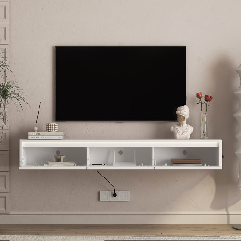 Meuble télé flottant avec lumières DEL, tablette murale et prise de courant pour le salon, Blanc