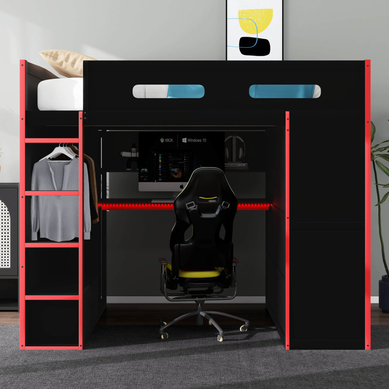Full Size Wood Gaming Loft Bed With Desk And Wardrobe, USB Port And RGB LED Light For Kids Teens Adults Bedroom Use, Red