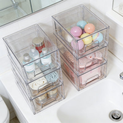 2 Pack Stackable Storage Drawers, Clear Acrylic Drawer Organizers With Handles, Containers For Fridge Bathroom Undersink Cabinet Pantry