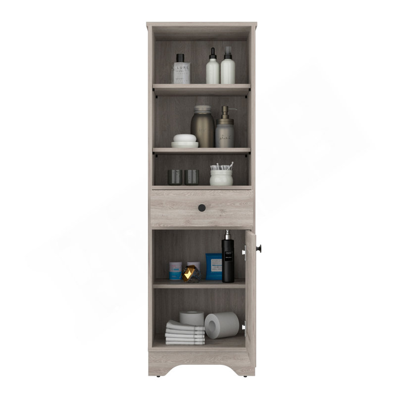 Linen Cabinet, Two Interior  Shelves, Two Open Shelves, Single Door, Gray